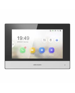 HIKVISION DS-KH6320-TE1 7-inch IP-based indoor station with colorful touch screen, message storage, live video view, and remote unlocking.

